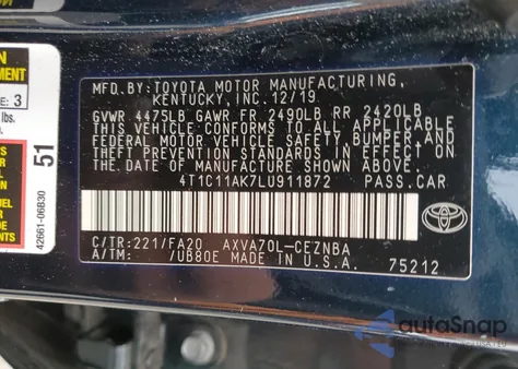 2020 Toyota Camry Le из США, поврежденный, VIN 4T1C11AK7LU911872